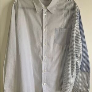 John Elliott Men's Patchwork Stripe Button-Down Shirt in Light Blue and White